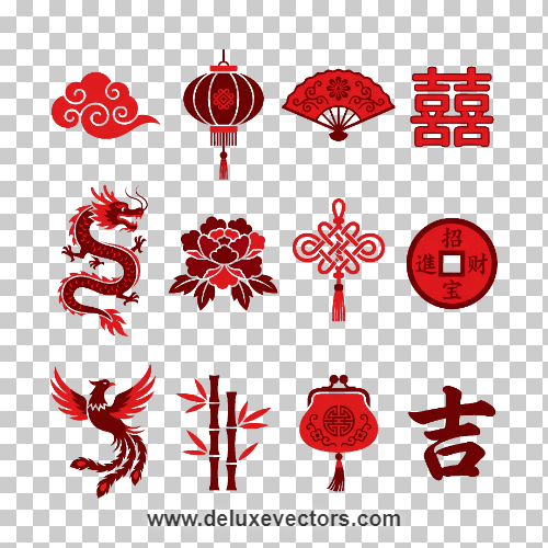 Traditional Red Chinese Motif Clipart Set Free Vector PNG