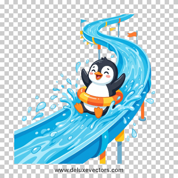 Bring a cheerful, energetic vibe to your children's projects with this cute water slide penguin cartoon vector graphic. This delightful illustration portrays an adorable, smiling cartoon penguin sliding down a winding bright blue water slide attraction at a theme park, surrounded by playful splashing water droplets. It is a highly effective design asset for children's play zone branding, summer water park marketing brochures, swimming school flyers, nursery room wall decals, and kids' storybook illustrations. The vibrant, clean flat vector colors ensure the graphic catches the eye instantly on promotional materials or merchandise items like t-shirts and school bags. Download this high-resolution vector artwork, which includes a pre-cropped transparent PNG file, to easily create a fun-filled, joyful, and welcoming atmosphere in your layouts.