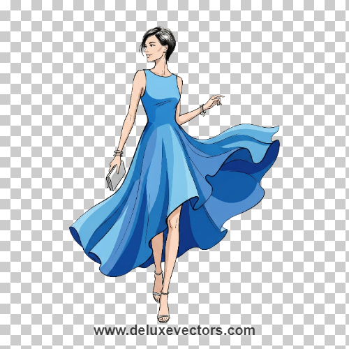 Minimalist Fashion Sketch Girl in Blue Dress Free PNG