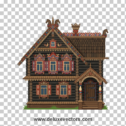 Traditional Russian Wooden House Izba PNG | Folk Architecture Clipart