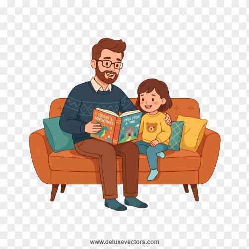 Dad and Child Reading Couch Clipart