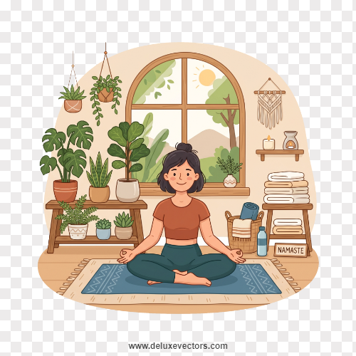 Girl Doing Yoga in Room Flat Illustration