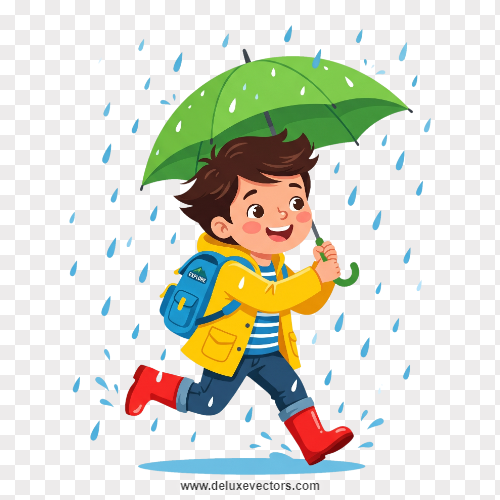 Boy Holding Umbrella Running Cartoon Mascot