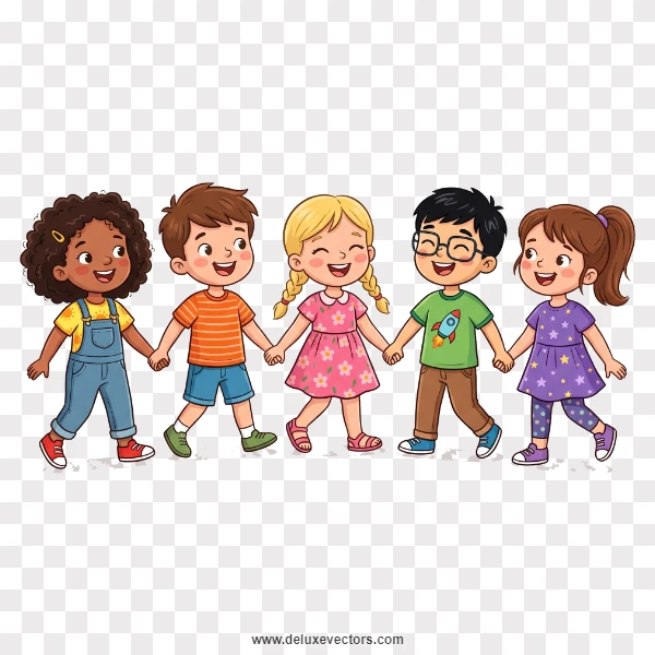 Happy Diverse Children Holding Hands Cartoon Clipart