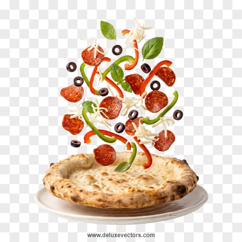 Dropping Pizza Ingredients Levitation over Dough Base Png