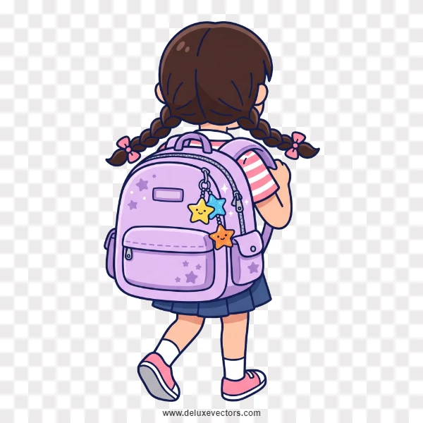 Cute Cartoon School Girl Walking with Purple Backpack