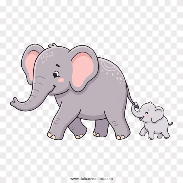 Cute Cartoon Mother and Baby Elephant Walking Clipart