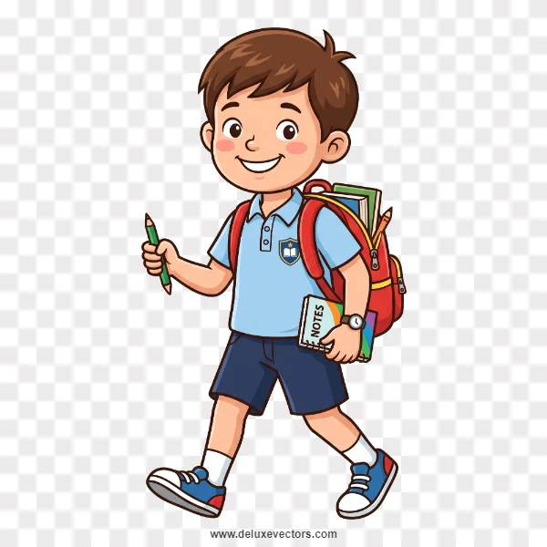 Happy Cartoon School Boy Walking with Notebook Clipart