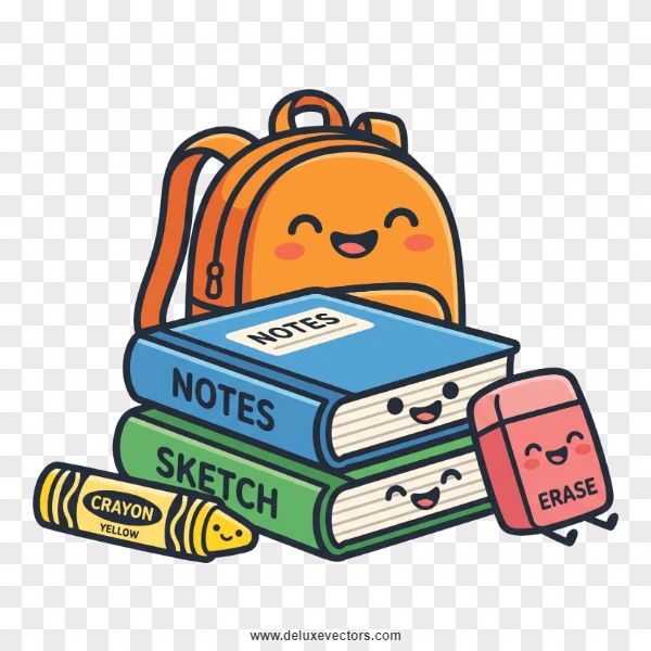 Cute School Supplies Stack with Happy Backpack Clipart