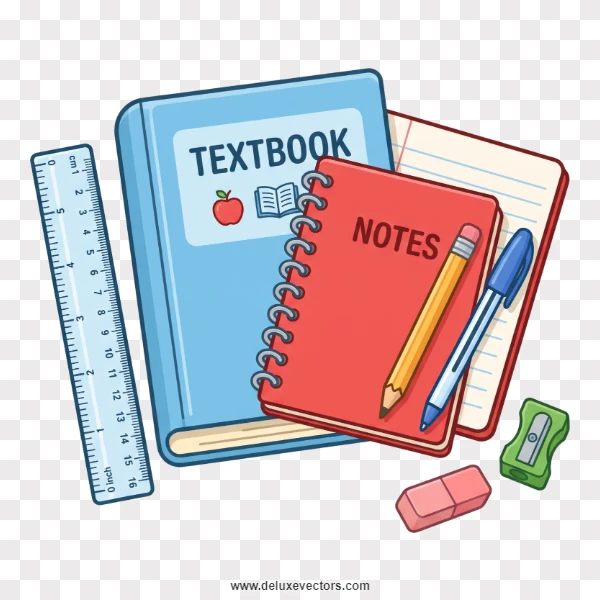 Colorful Cartoon School Stationery Items and Textbooks Clipart