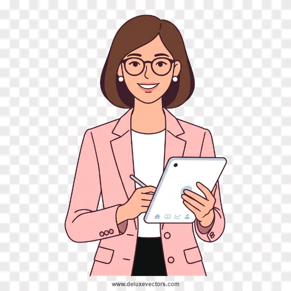 Professional Female Teacher Holding Digital Tablet Cartoon Vector