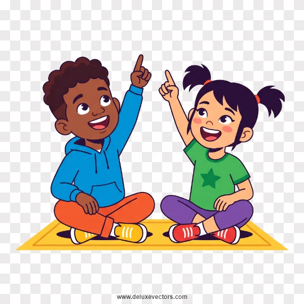 Two Diverse Children Pointing Upward Cartoon Clipart