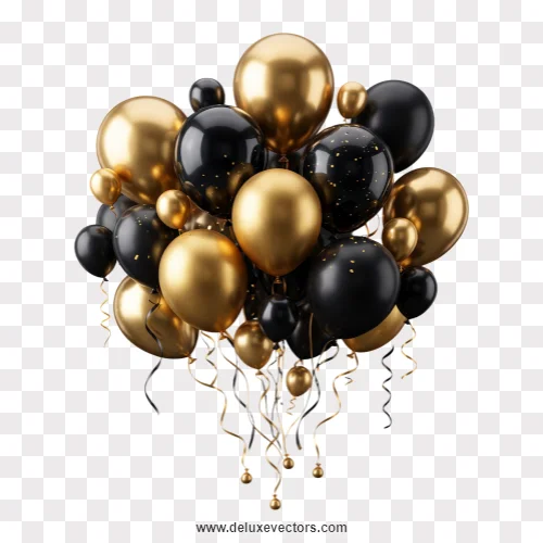 Black and Gold Party Balloons Cluster Png