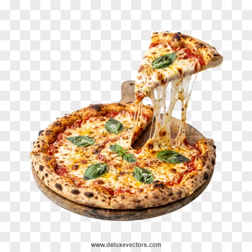 Cheesy Margherita Pizza Slice Png Pull on Wooden Board