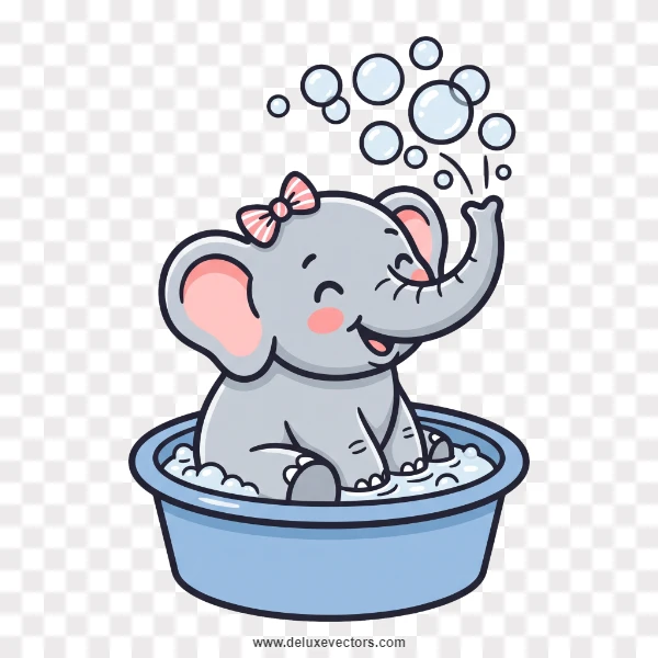 Cute Cartoon Baby Elephant Taking Bubble Bath