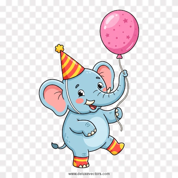 Cute Cartoon Baby Elephant Holding Birthday Balloon
