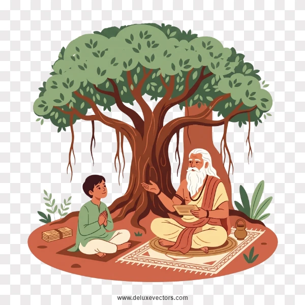 Traditional Guru Teaching Student Under Banyan Tree Illustration