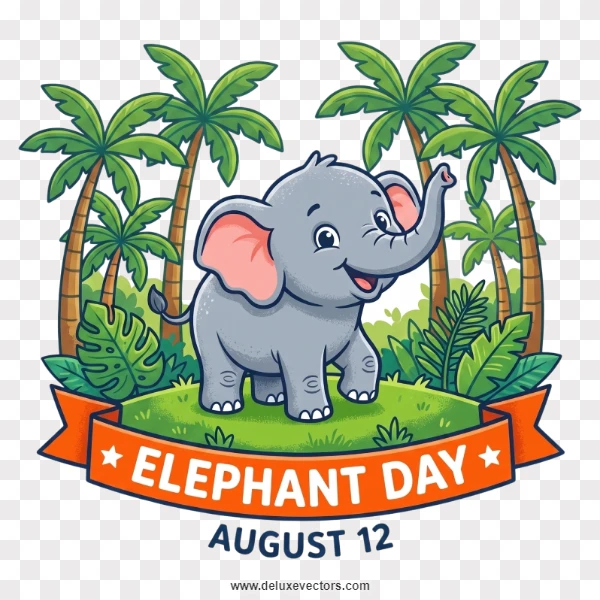 Happy Elephant Day Logo Tropical Palm Trees Banner