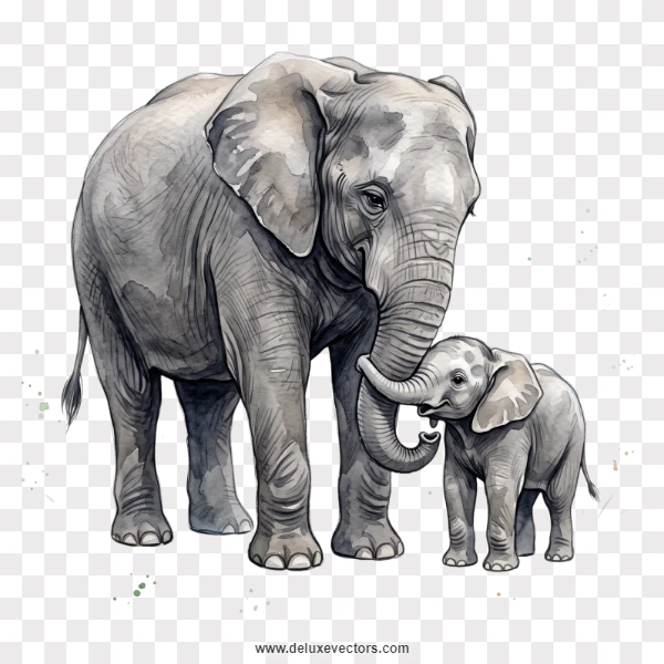 Soft Grey Mother Elephant and Baby Calf Watercolor Art Png