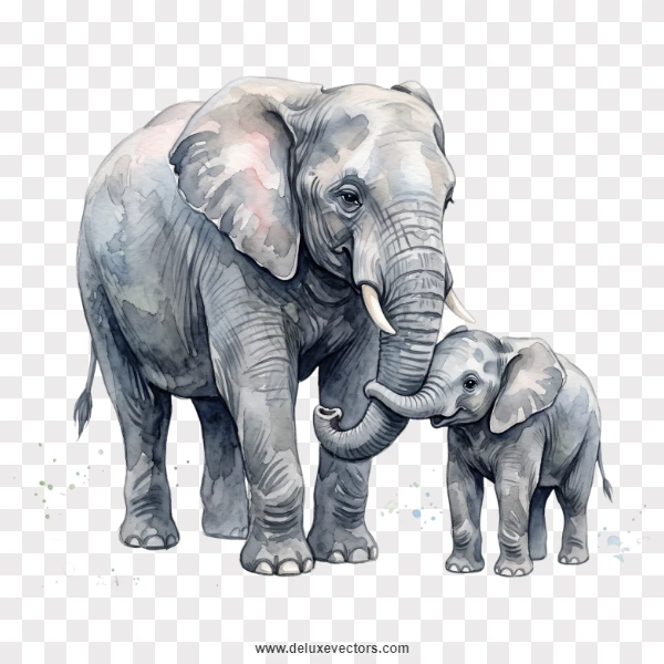 Mother Elephant with Baby Calf Watercolor Painting Png