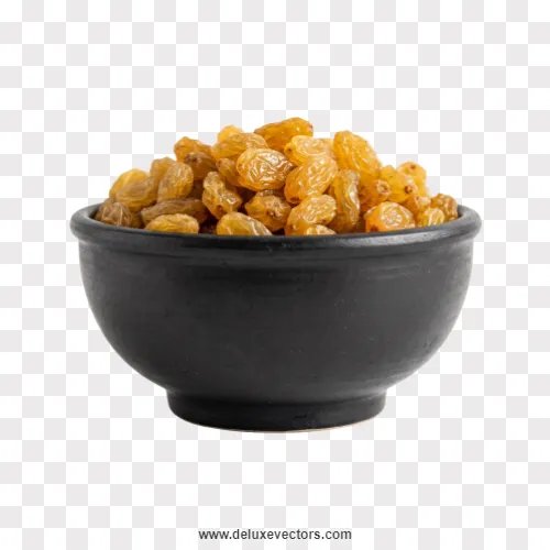 Golden Raisins in Black Bowl PNG Image
