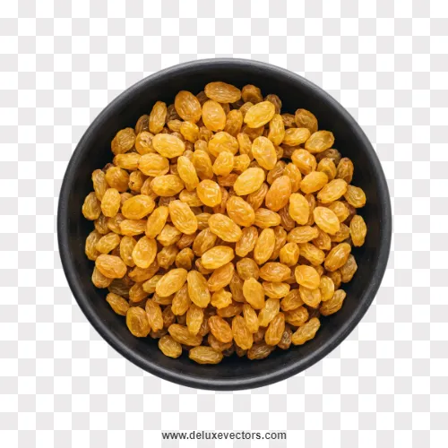 Golden Raisins in Black Bowl Top View PNG