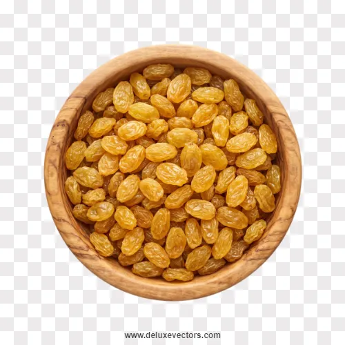 Golden Raisins in Wooden Bowl Top View PNG