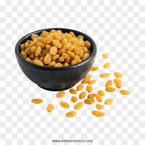 Golden Raisins Spilling from Black Bowl PNG
