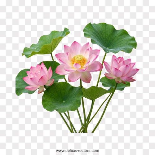 Pink Lotus Blooms with Large Green Leaves PNG