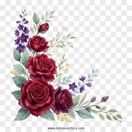 Watercolor Burgundy Rose Floral Corner PNG