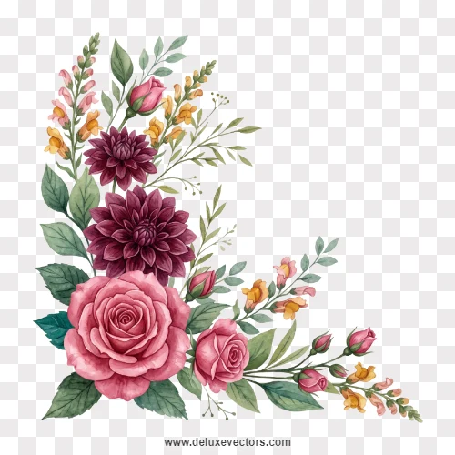 Watercolor Maroon Dahlia Rose Corner PNG