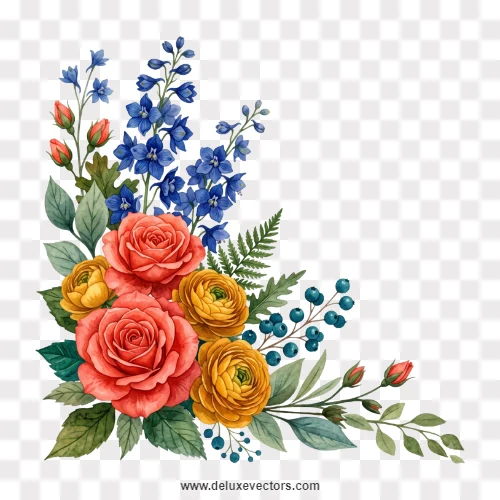 Watercolor Orange Rose Blue Delphinium Corner PNG