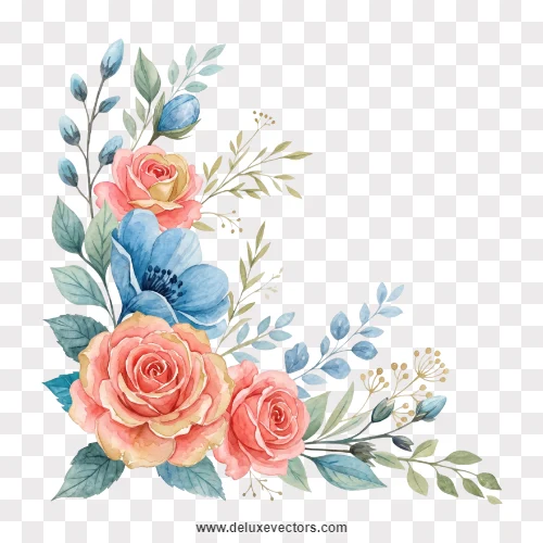 Watercolor Peach Blue Flower Corner PNG