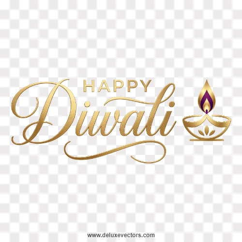 Happy Diwali Gold Script Calligraphy Diya PNG
