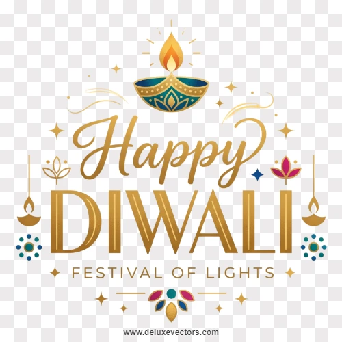 Happy Diwali Gold Typography Diya Emblem PNG